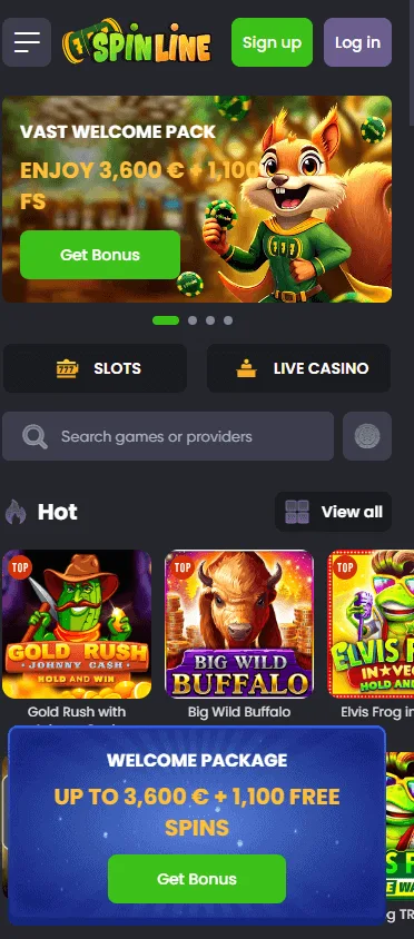 Spinline Casino mobile browser home screen on a smartphone