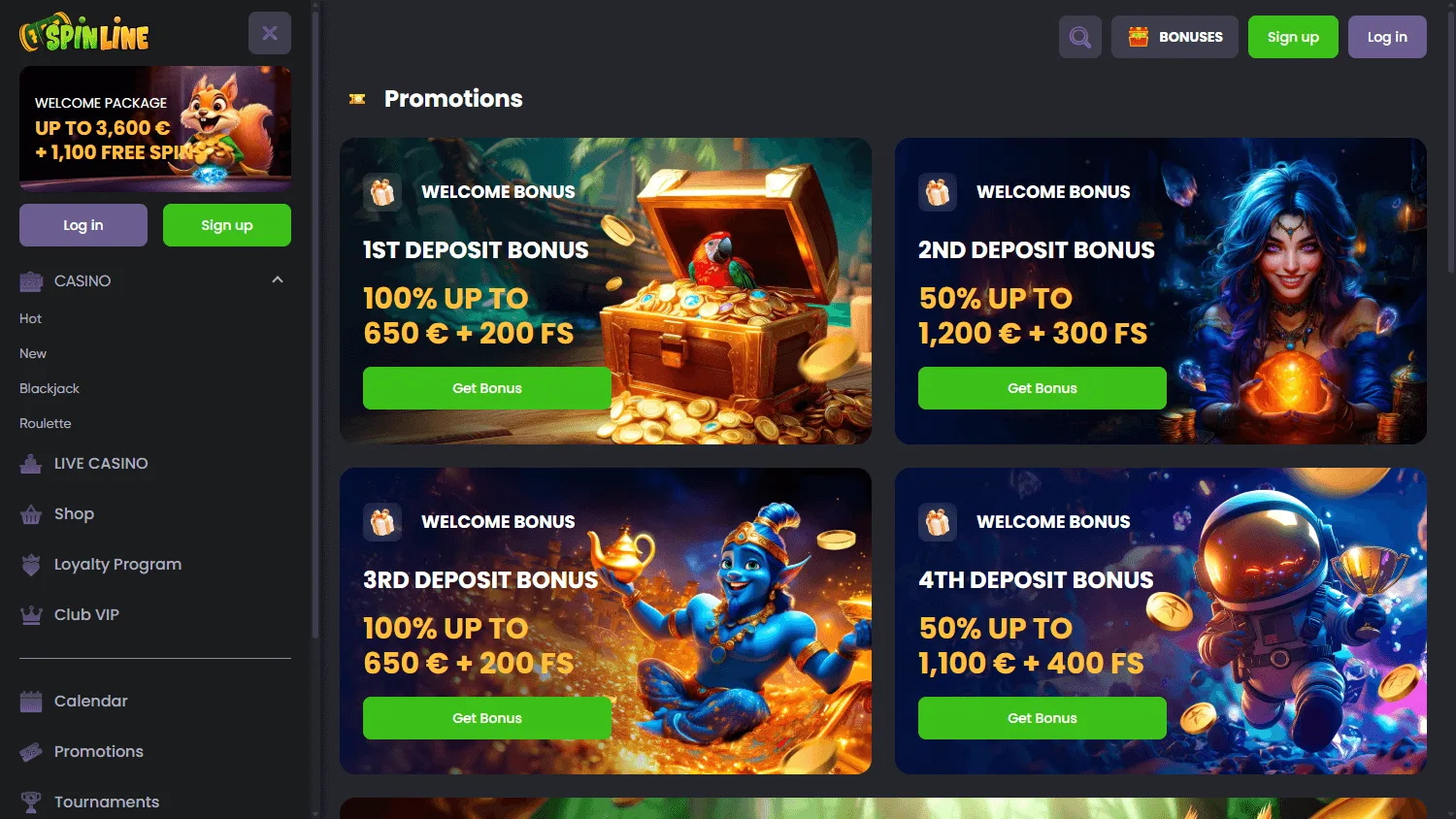 Spinline Casino desktop promotions area with welcome and promotional offers