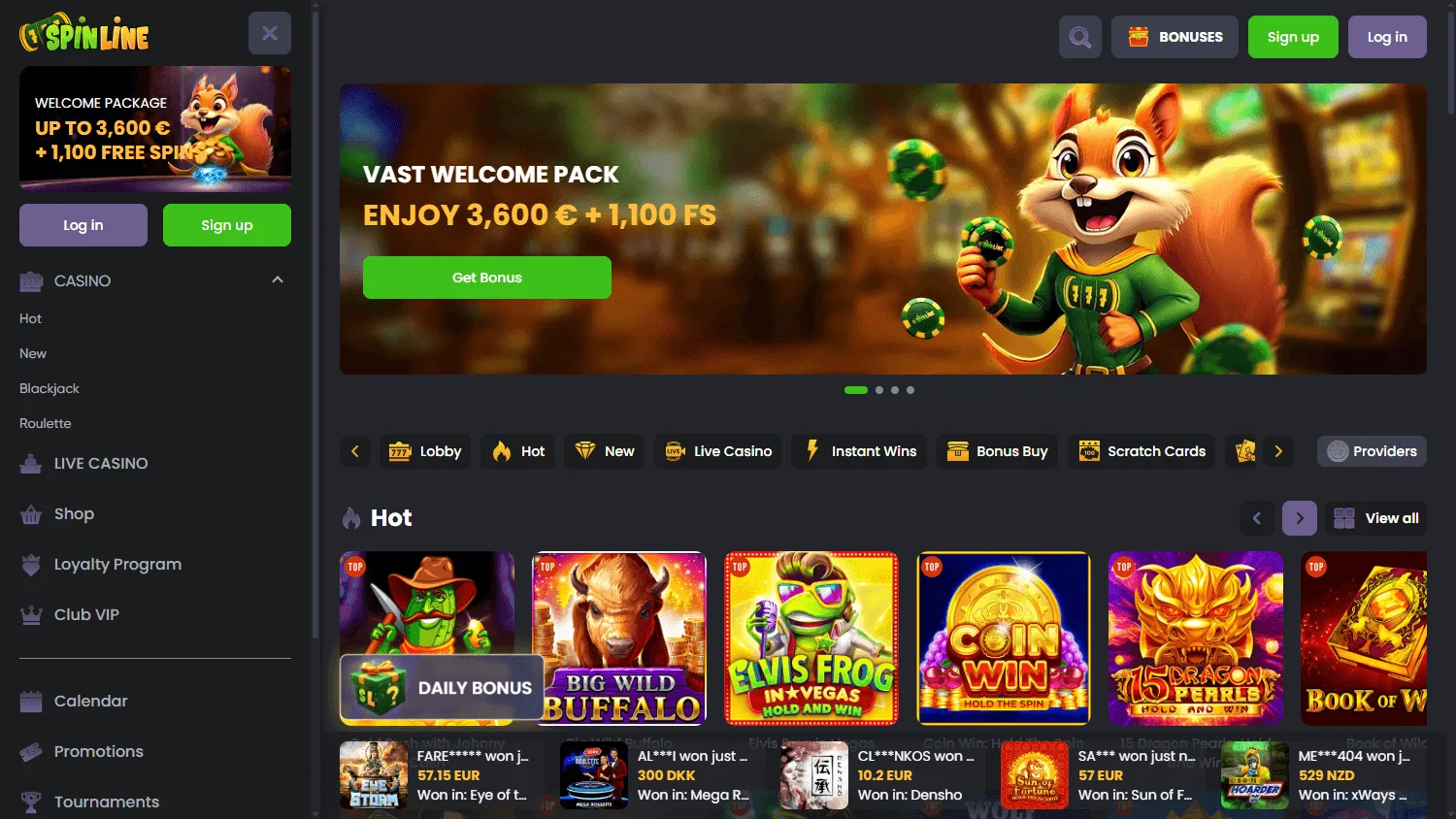 Spinline Casino desktop home screen with casino navigation and featured content