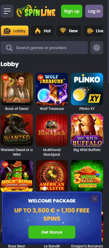Spinline Casino mobile browser games area with casino categories