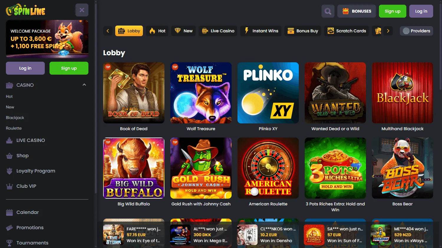 Spinline Casino desktop games area with casino categories and titles
